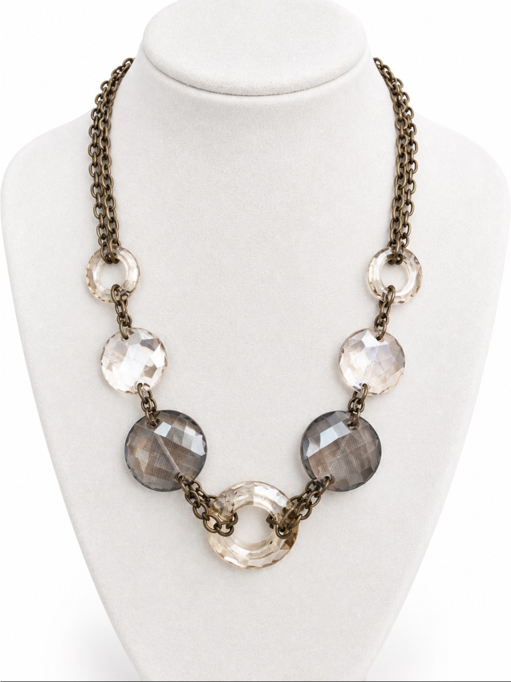 Faceted Crystal Statement Necklace Smoky Gray Clear Antique Bronze Multi-Strand